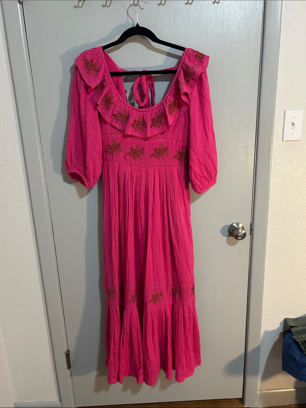 Free People Lovers Lane Maxi Dress in Pink Phenom Embroidered Ruffle Cotton